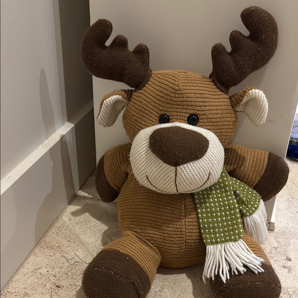 Brown Plush Reindeer Toy with Green Scarf